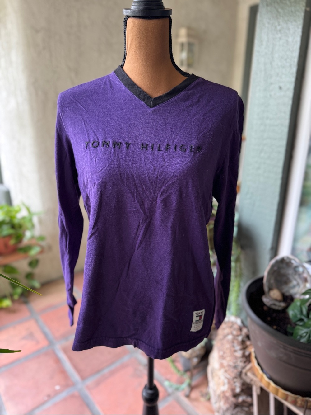 Tommy Hilfiger Purple Long Sleeve V-Neck Top with Black Trim
